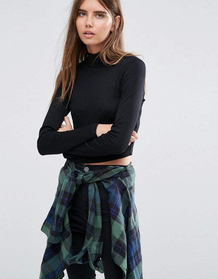 Asos Crop Top With Turtleneck In Space Dye - Black