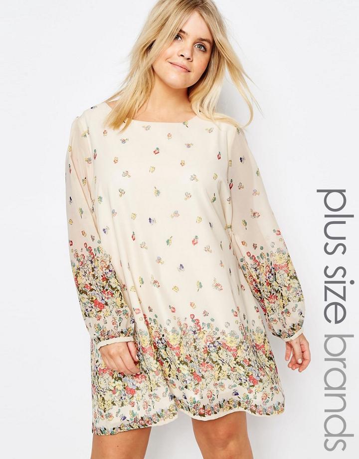 Yumi Plus Shift Dress In Floral Border Print - Cream