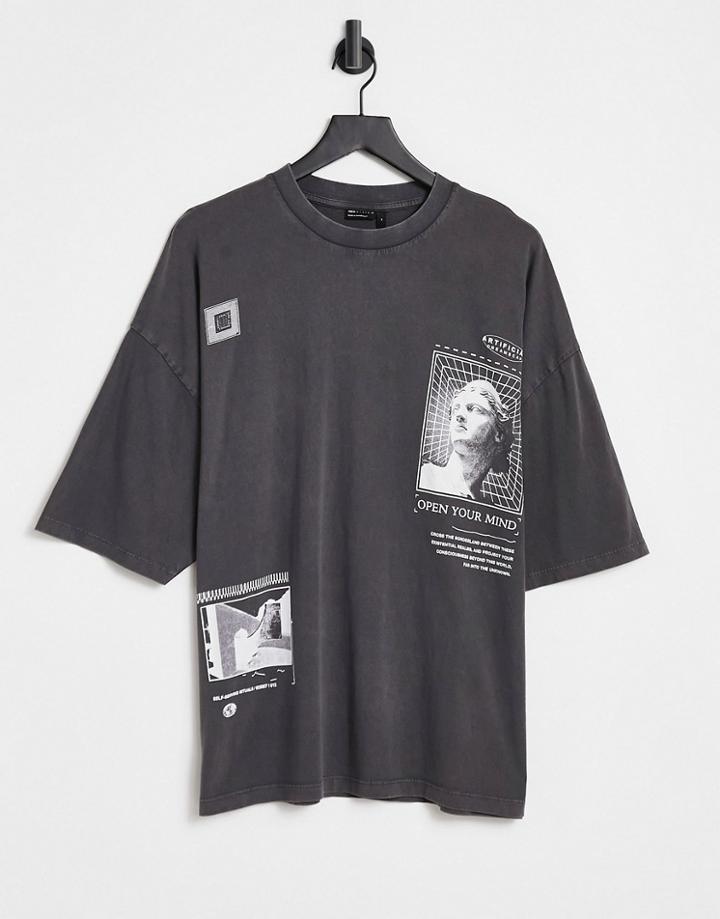 Asos Design Oversized T-shirt In Washed Black With Statue Print-grey