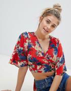 Prettylittlething Floral Wrap Crop Top - Red