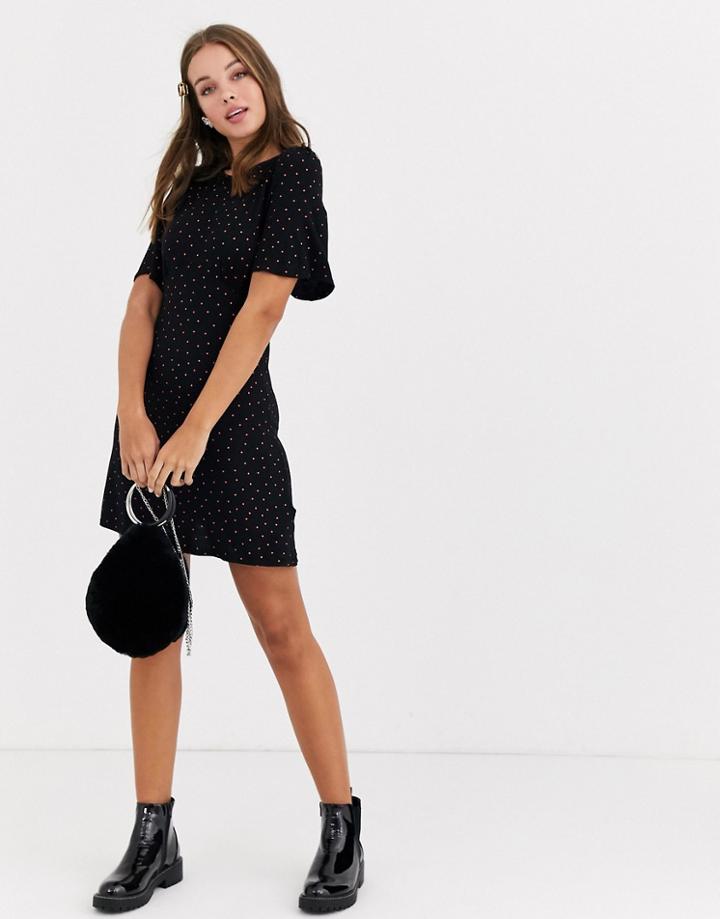 New Look Short Sleeve Tie Waist Mini Dress In Red Polka Dot-black