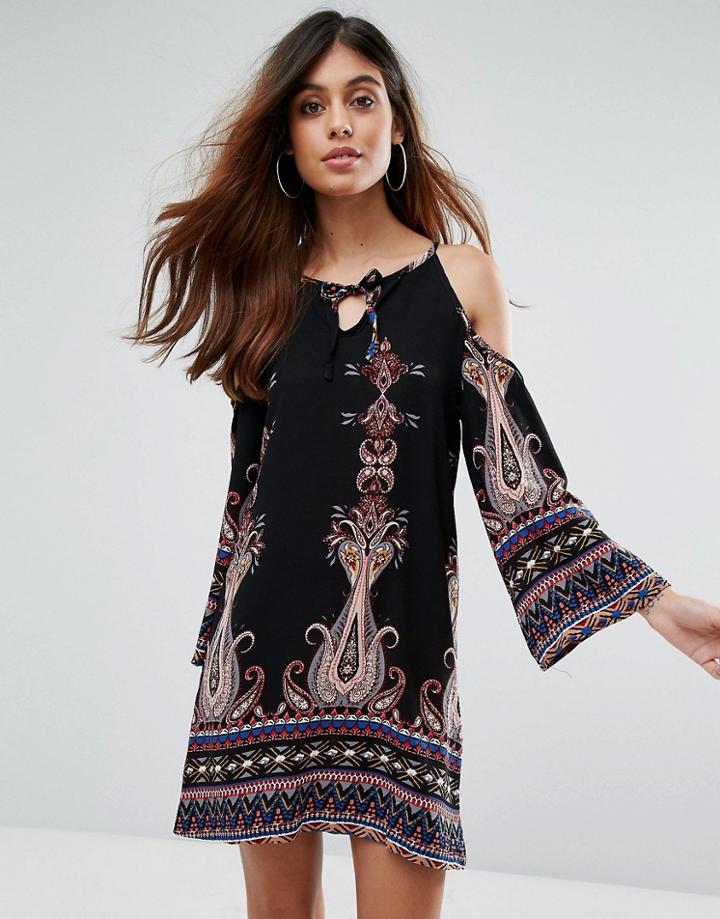 Love & Other Things Boho Cold Shoulder Mini Dress - Black