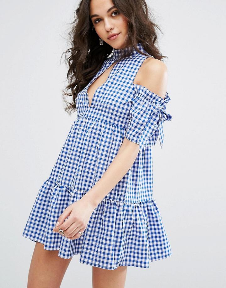 Missguided Cold Shoulder Gingham Dress - Blue