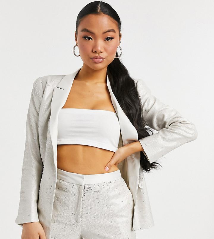 Asos Design Petite Premium Sequin Tux Blazer In Cream-white