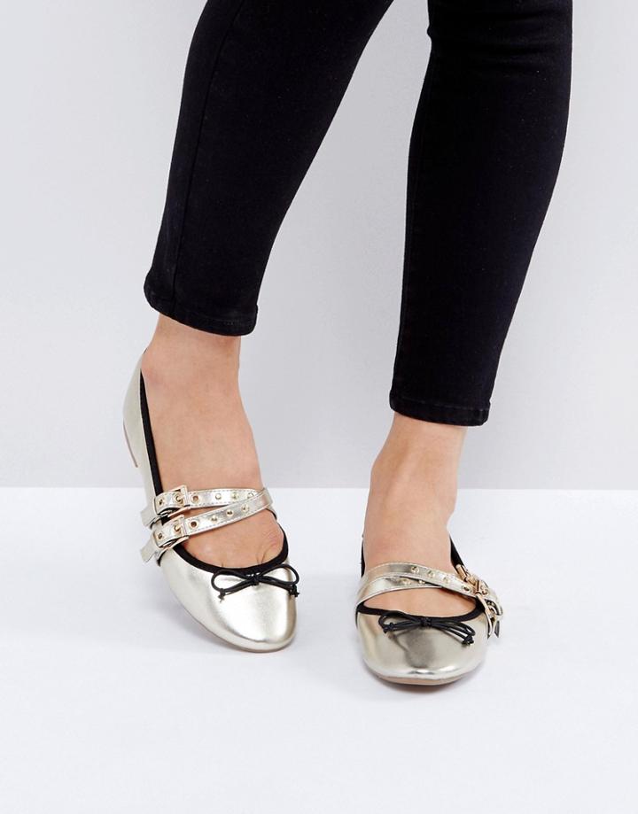 Miss Selfridge Buckle Strap Ballerina Flat - Gold