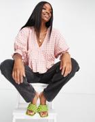 Asos Design Tiered Seersucker Smock Top In Pink Gingham