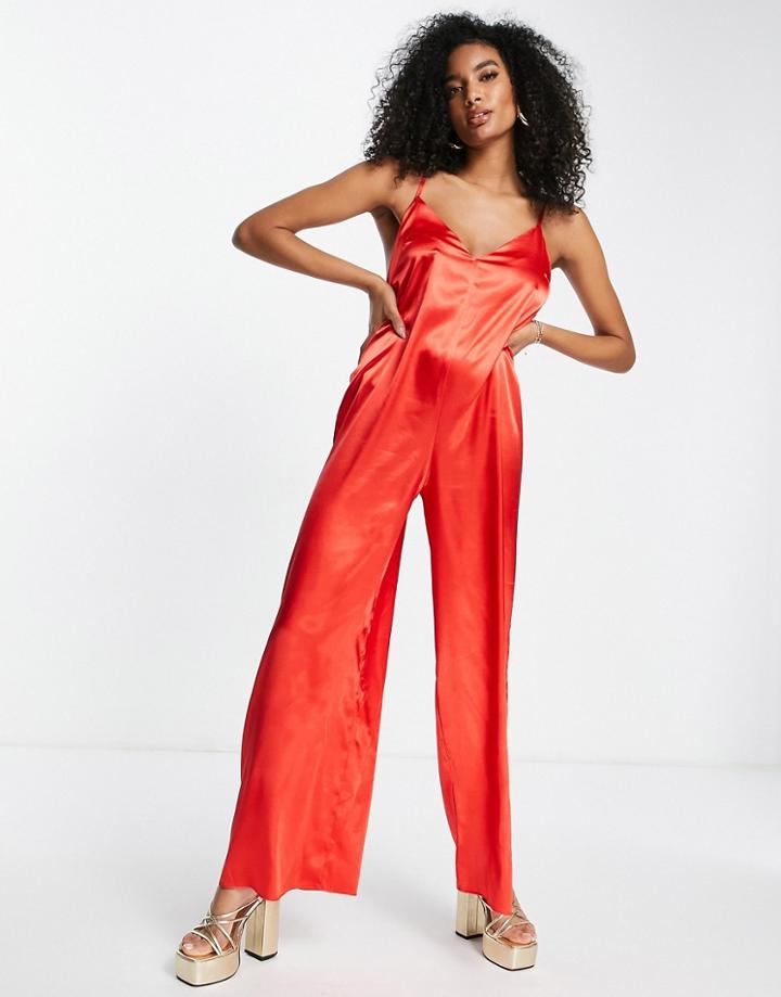Asos Design Ultimate Satin Cami Wide Leg Jumpsuit In Red