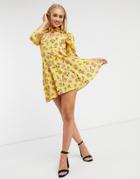 John Zack Cutout Tie Neck Skater Dress In Yellow Floral Print