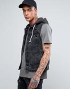 Pull & Bear Denim Vest In Black With Detachable Hood - Black