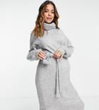 Asos Design Maternity Knit Roll Neck Midi Dress With Tie Waist In Gray-grey