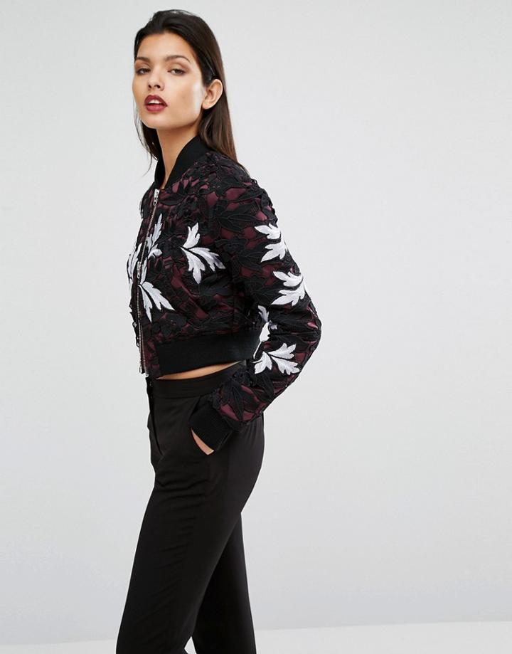 Self Portrait Cropped Bomber Jacket With Embroidery - Multi