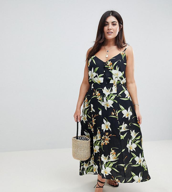 Asos Design Curve Button Through Maxi Dress In Lily Print - Multi