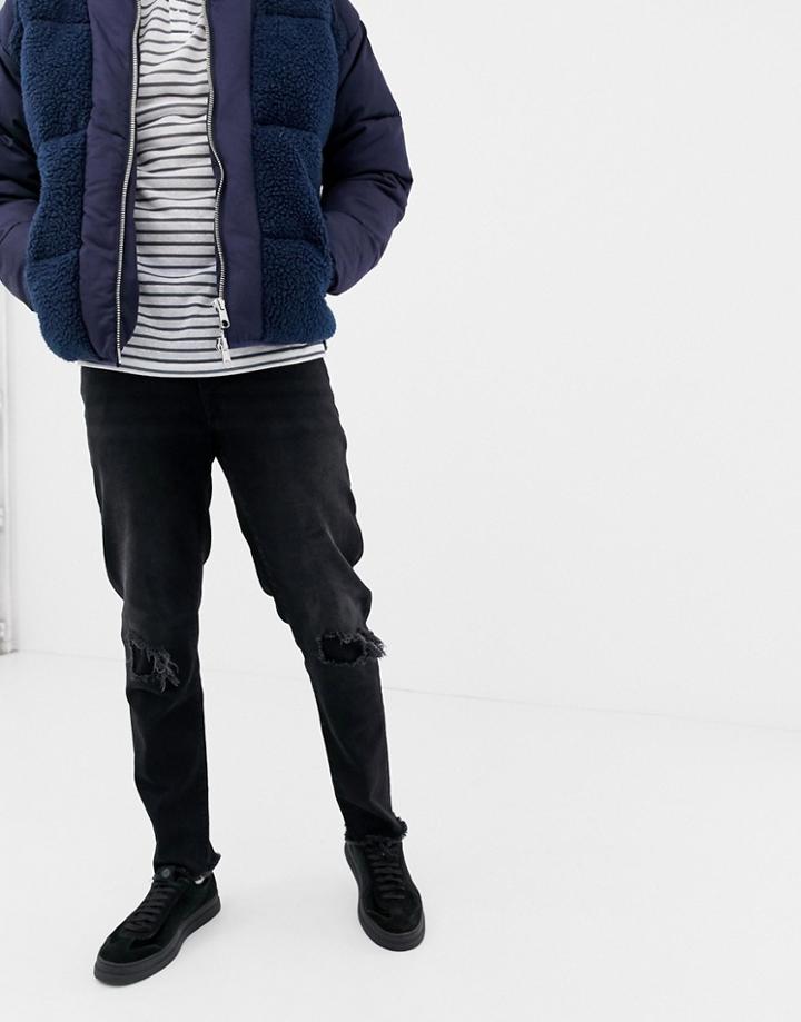 Asos Design 12.5oz Tapered Jeans In Washed Black With Repaired Knees