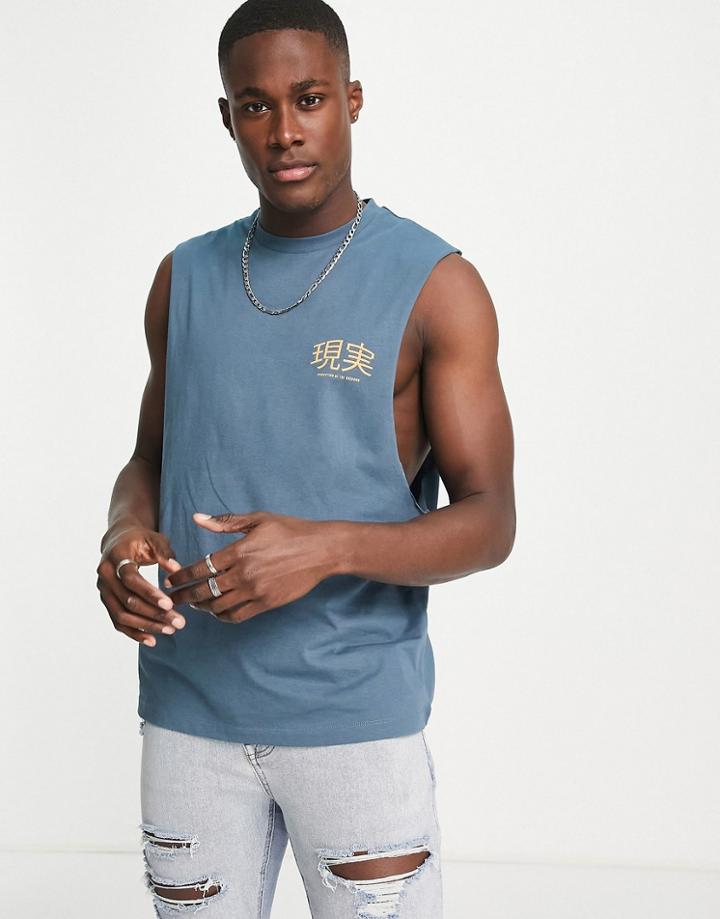 Asos Design Relaxed Tank Top In Dusty Blue With Text Print-navy