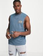 Asos Design Relaxed Tank Top In Dusty Blue With Text Print-navy