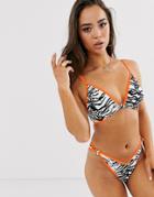 Asos Design Recycled V Front Contrast Knot Front Bikini Top In Mono Zebra Print-multi
