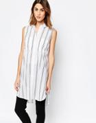 Warehouse Sleeveless Stripe Longline Shirt - White Stripe