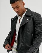 Asos Design Leather Biker Jacket In Black With Red Lining