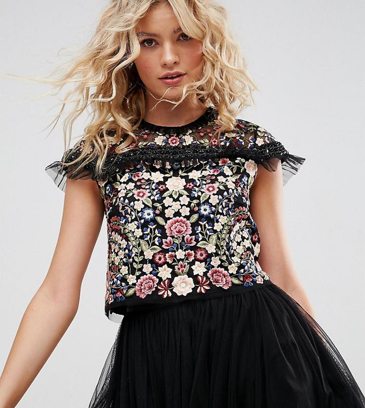 Needle & Thread Embroidered Top With Frill Detail - Black