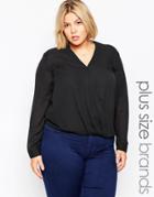 Brave Soul Plus Long Sleeve Wrap Front Blouse - Black