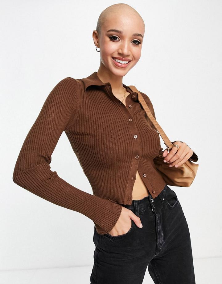 Pull & Bear Exclusive Button Front Collar Fine Knit Cardigan In Chocolate Brown