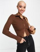 Pull & Bear Exclusive Button Front Collar Fine Knit Cardigan In Chocolate Brown
