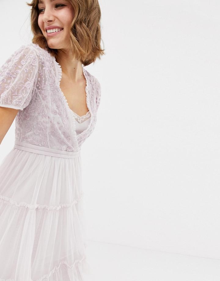 Needle & Thread Embroidered Tulle Midi Dress With Cap Sleeve In Lavender - Purple