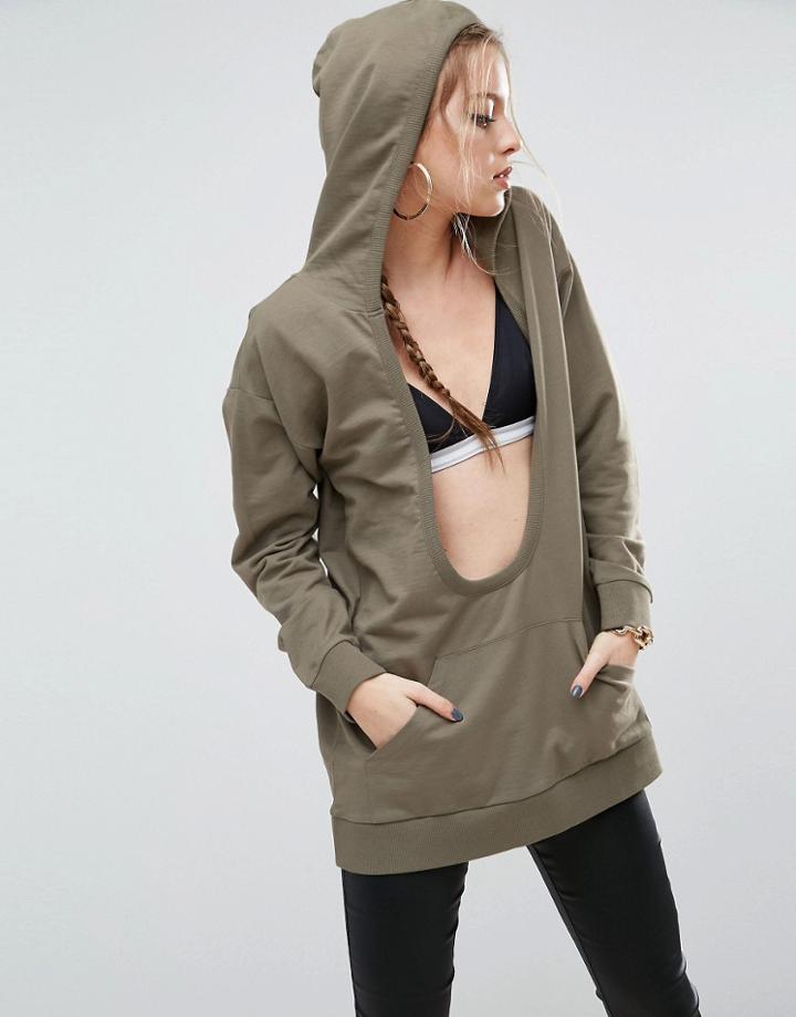 Asos Hoodie With Plunge Neck In Oversized Fit - Green