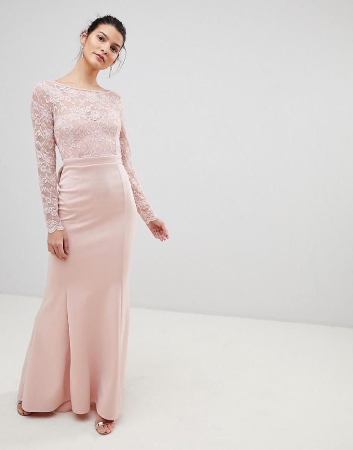 City Goddess Open Back Lace Maxi Dress With Bow Detail - Pink