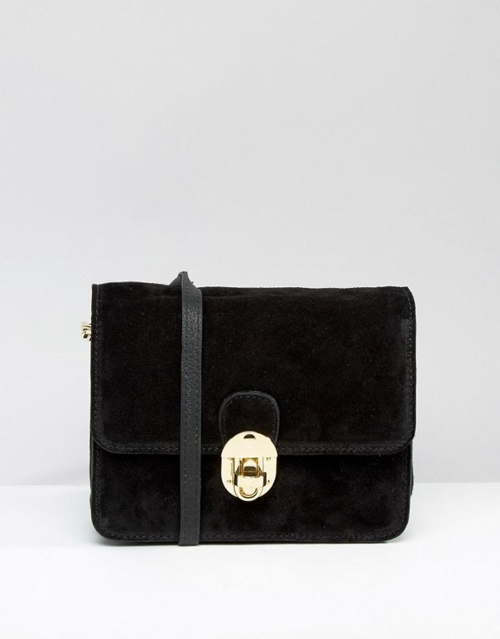 New Look Real Suede Twist Lock Crossbody Bag - Black
