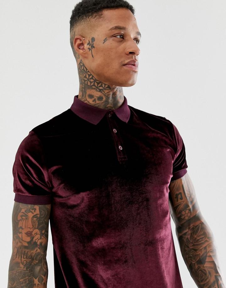 Asos Design Polo Shirt In Velour In Burgundy - Red