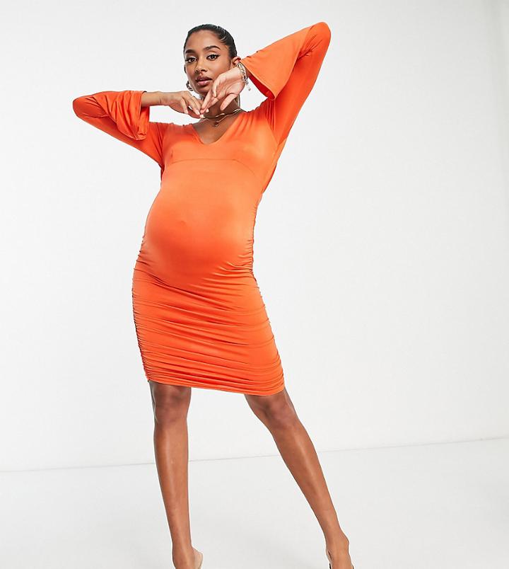 Jaded Rose Maternity Ruched Mini Dress With Draped Back In Orange