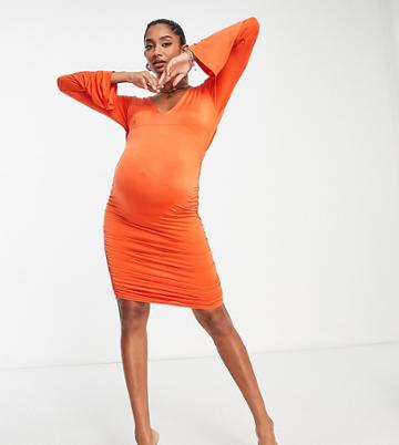 Jaded Rose Maternity Ruched Mini Dress With Draped Back In Orange