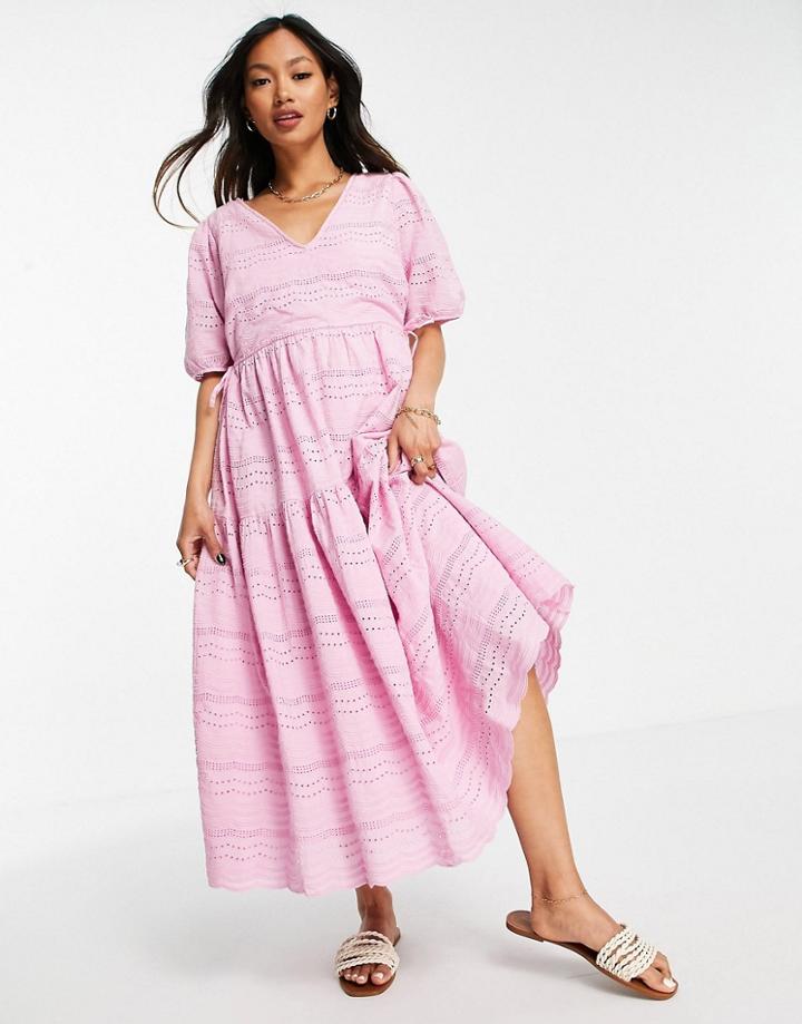 Y.a.s Organic Cotton Cut Work V-neck Midi Dress In Pink
