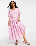 Y.a.s Organic Cotton Cut Work V-neck Midi Dress In Pink
