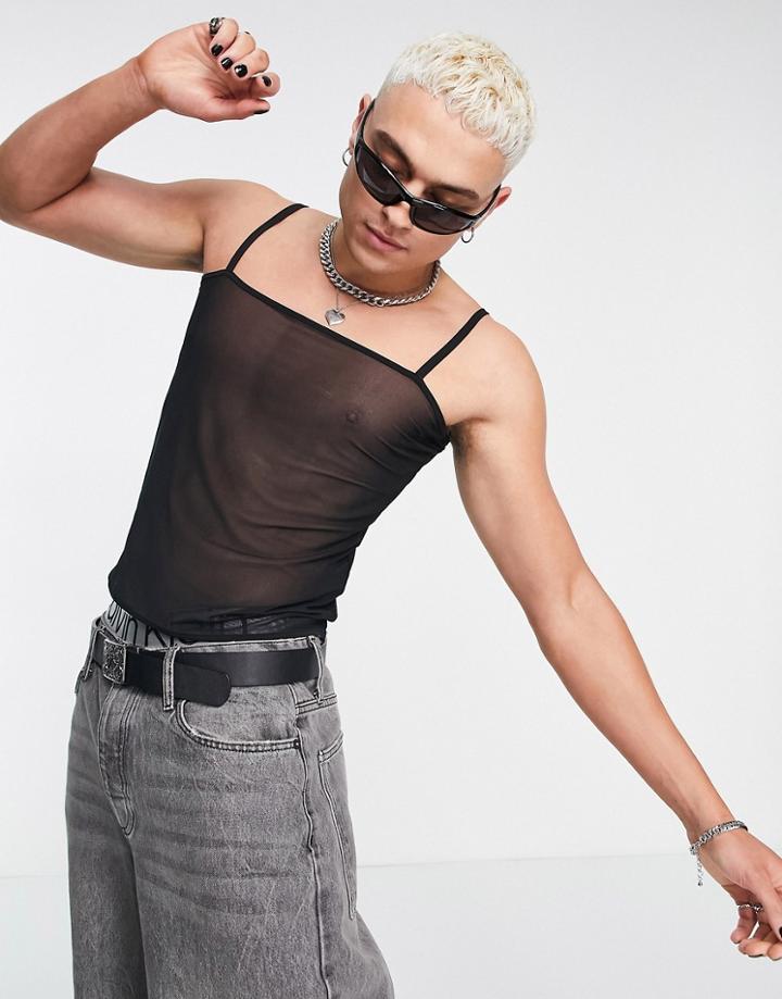 Asos Design Muscle Crop Tank Top With Skinny Straps In Black Mesh In Recycled Polyester
