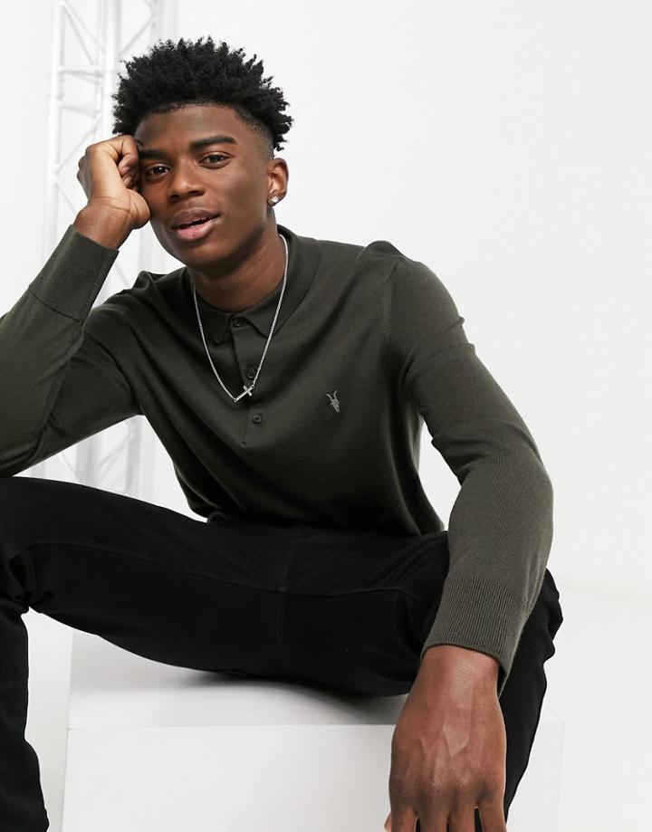 Allsaints Mode Merino Long Sleeve Polo In Green