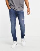 Jack & Jones Intelligence Liam Skinny Jeans With Abrasions In Blue-blues