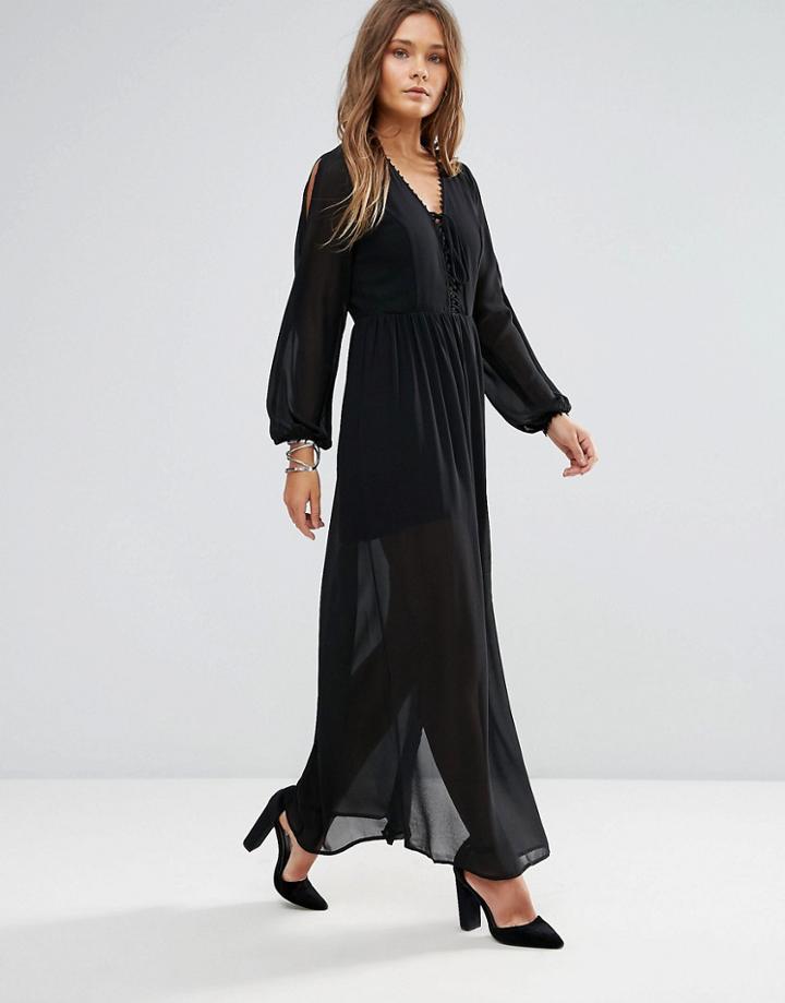 Lunik Shoulder Cut Out Maxi Dress With Button Hold Trim - Black