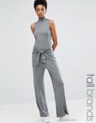 Noisy May Tall Roll Neck Sleeveless Jersey Jumpsuit With Tie Waist - Gray