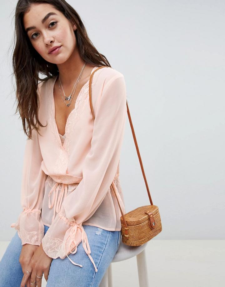 Asos Design Sheer Wrap Top With Lace Trims-black