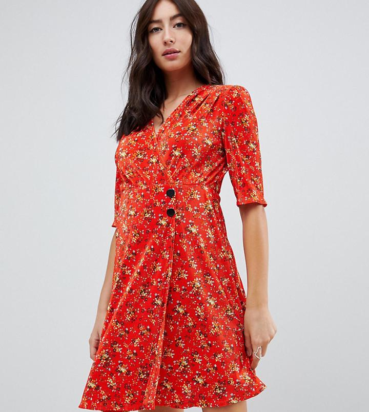 Asos Design Maternity Ditsy Print Plisse Mini Dress With Button Detail-multi