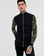 Asos Design Muscle Jersey Jacket In Black With Camo Sleeves - Green