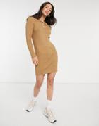 Vila Knitted Polo Dress With Button Detail In Tan-neutral