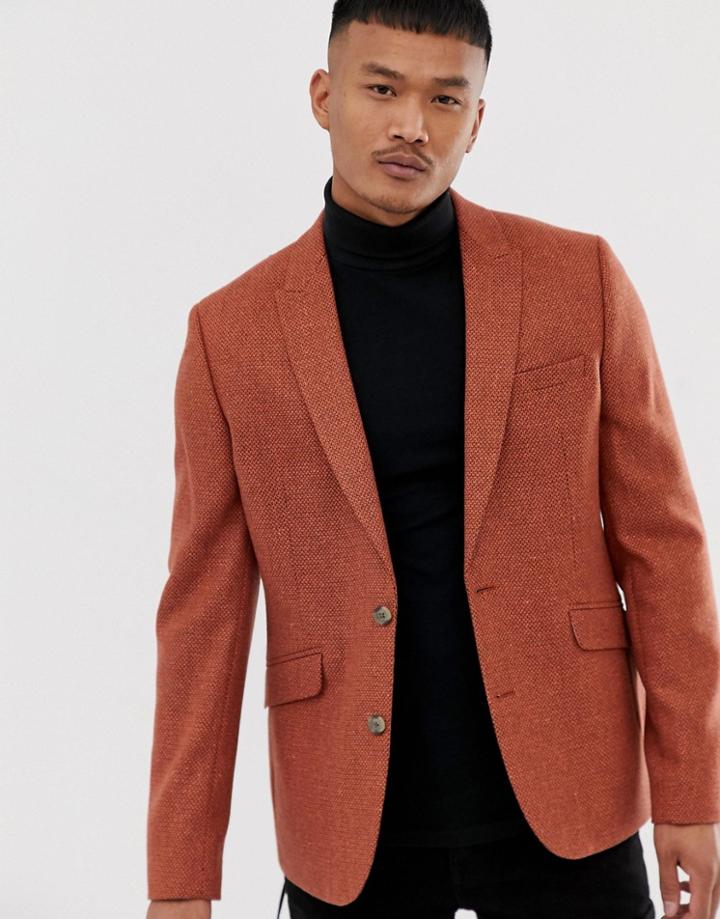 Asos Design Slim Blazer In Rust With Texture - Tan