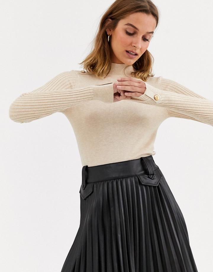River Island Turtleneck Sweater With Shoulder Button Detail In Oatmeal-beige
