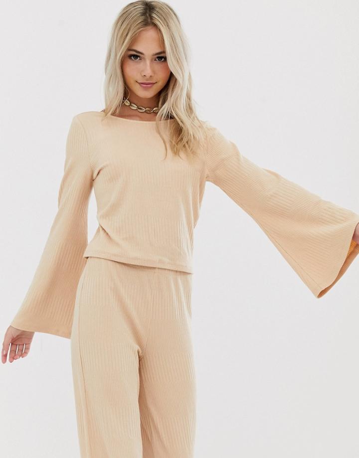 Pieces Jersey Rib Top With Flared Sleeve - Tan
