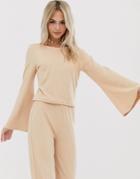 Pieces Jersey Rib Top With Flared Sleeve - Tan