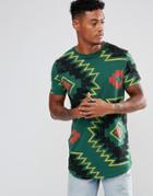 Asos Super Longline T-shirt With All Over Geo-tribal Print - Green