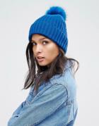 Asos Rib Bright Blue Faux Fur Pom Beanie - Blue